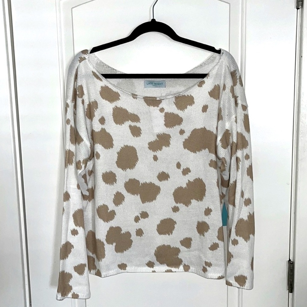Women's White and Tan Cow print Nashville Long Sleeve Top